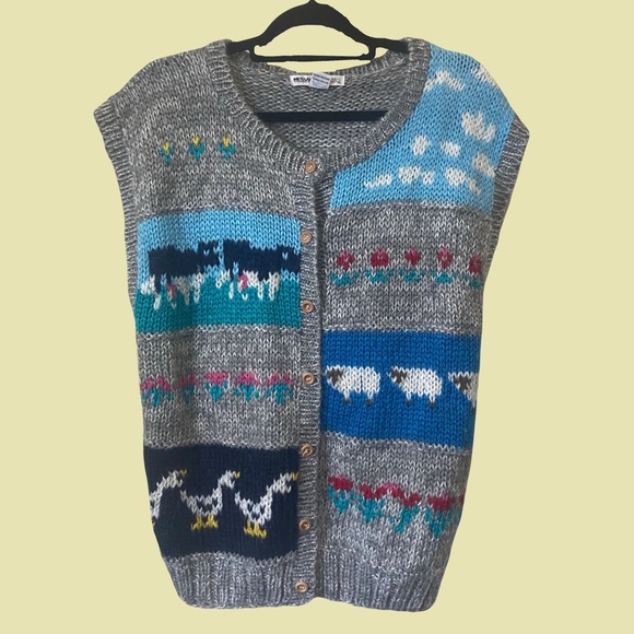Vintage Novelty Print Grey and Blue Knitted Sweater Vest - Picture 2 of 7
